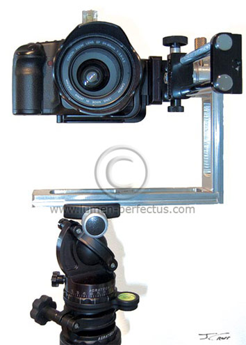 The panorama rig with leveling base, ball head, Topcon rail, and camera in landscape (horizontal) position