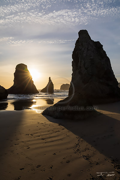 Sunset and rocks at low tide, Bandon, OR, U.S.