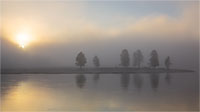 A foggy sunrise in the Hayden Valley, Yellowstone National Park, Wyoming, U.S.