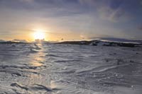 Wind-hardened snow, sunset, Yellowstone N.P., Wyoming, U.S.