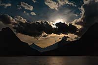 Two hours after totality of a lunar eclipse over Two Medicine Lake, Glacier National Park, Montana, U.S.