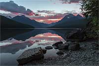 Bowman Lake near sunrise, Glacier National Park, Montana, U.S.