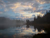 At Reflection Lakes morning fog begins to dissipate in Mount Rainier National Park, Washington, U.S.