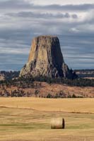 Distant Devils Tower across a hay field, Wyoming, U.S.
